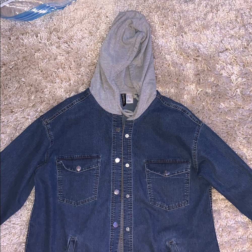 Denim button up with gray hood!